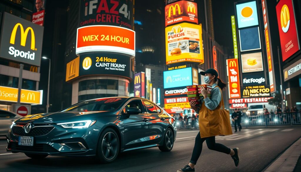 A bustling 24-hour fast food delivery scenario - a sleek, modern delivery car cruises through a vibrant city at night, its headlights slicing through the darkness. In the foreground, a delivery person hurries with a stack of colorful food containers, their uniform crisp and professional. Neon-lit signs and billboards from various fast-food chains illuminate the middle ground, casting a warm, inviting glow. In the background, a towering cityscape with skyscrapers and bustling traffic creates a sense of urgency and round-the-clock activity. The overall mood is one of efficiency, convenience, and the promise of satisfying cravings at any hour.
