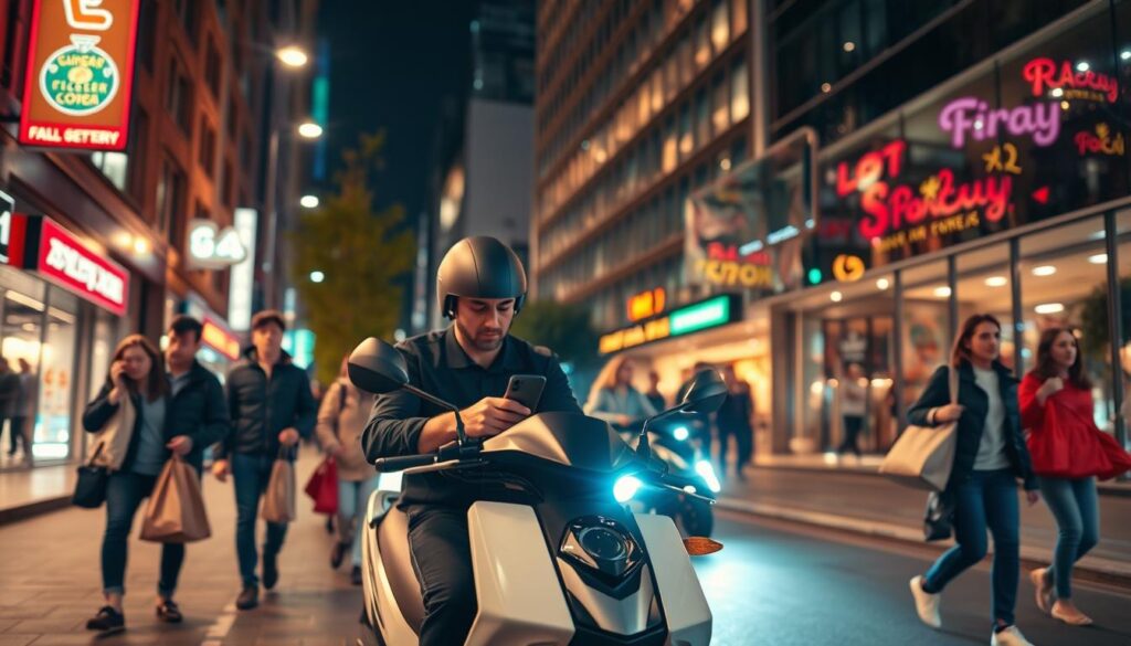 A busy city street at night, the glow of streetlights and neon signs casting a warm, vibrant atmosphere. In the foreground, a food delivery driver on a sleek, modern electric scooter, their uniform crisp and professional. They intently study a smartphone screen, tracking the progress of their delivery. In the middle ground, passersby hurry along the sidewalk, packages and bags in hand. In the background, the facade of a modern high-rise, windows glowing with the activity within. The scene conveys a sense of efficiency, technology, and the convenience of 24-hour food delivery.