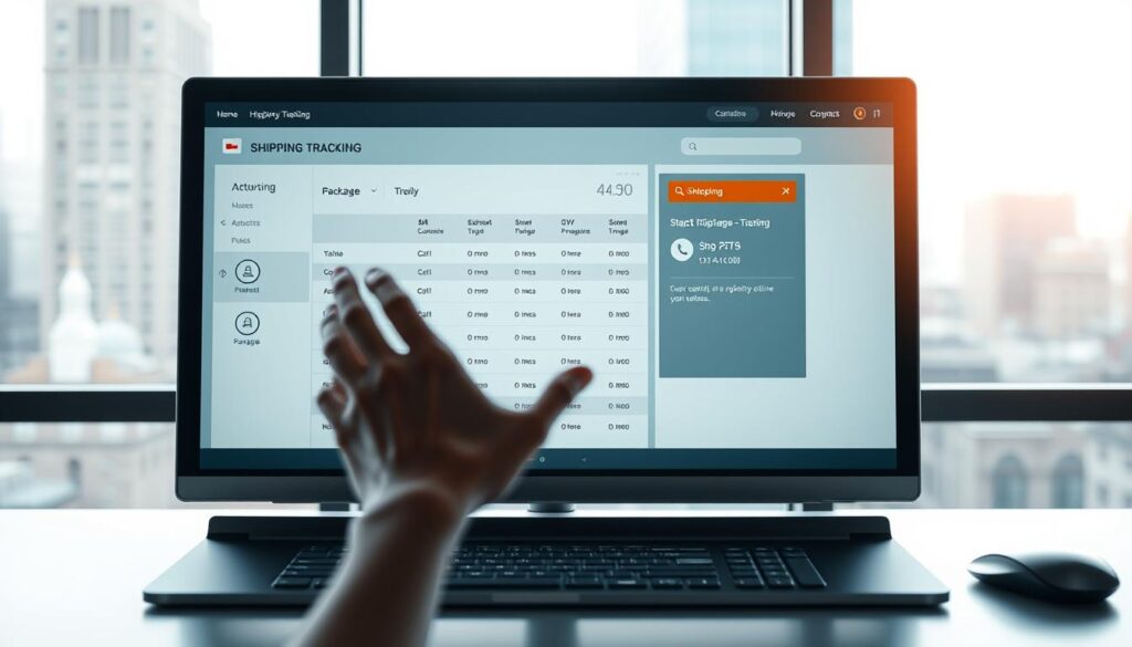 A cinematic scene of a shipping tracking screen on a sleek, modern desktop computer. The display shows detailed information about a package's journey, with icons representing each stage of delivery. The foreground features a minimalist, high-contrast interface with clean typography and intuitive navigation. The middle ground shows a hand reaching out to interact with the screen, subtly conveying the user's active engagement. The background has a slightly blurred cityscape visible through a large window, suggesting the broader context of a bustling urban environment. The lighting is soft and directional, creating depth and emphasizing the technology's sophisticated aesthetic. The overall mood is one of efficiency, control, and a sense of progress as the shipment is actively tracked.