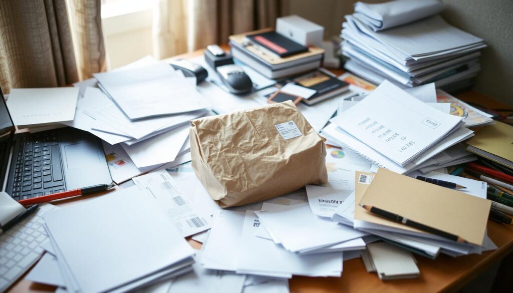 A cluttered desk with a package sitting amidst scattered papers, a laptop, and other office supplies. The package is the focal point, slightly askew and partially obscured, hinting at a delayed delivery. The lighting is soft and diffused, creating a sense of mild frustration and uncertainty. The overall composition conveys the mood of anticipation and the need to address the delayed package, as a central part of the article's subject matter.
