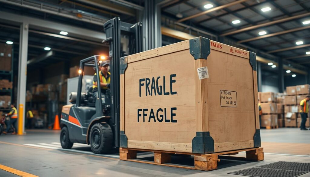A large, sturdy shipping crate rests on a loading dock, its external reinforced corners and stenciled "FRAGILE" warning conveying the weight and importance of its contents. In the foreground, a forklift operator carefully maneuvers the crate onto a delivery truck, its headlights casting a warm glow over the scene. In the background, the bustling activity of a logistics hub unfolds, with workers loading and unloading packages, their movements captured in a crisp, documentary-style lens. The overall atmosphere is one of efficiency and attention to detail, reflecting the care and diligence required for the secure transport of heavy, valuable items.