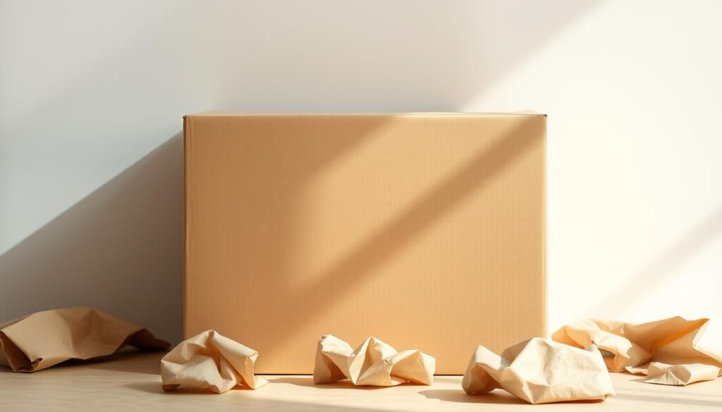 A minimalist cardboard box in natural brown tones rests on a plain white background. Sunlight streams in from the left, casting soft shadows that accentuate the box's simple yet functional design. The box's surface is unadorned, with clean lines and a sturdy construction, conveying a sense of utility and practicality. In the foreground, crumpled packing materials in a neutral palette are neatly arranged, hinting at the box's contents. The overall composition emphasizes the box's role as a cost-effective, environmentally-friendly shipping solution.