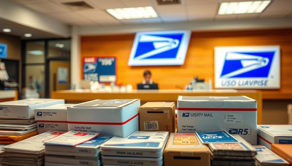 A vibrant, detailed USPS mail options display in a well-lit office setting. In the foreground, various USPS packaging and shipping materials are neatly arranged, including priority mail envelopes, flat rate boxes, and stamps. The midground features a USPS counter with an attentive customer service representative, while the background showcases the iconic blue and white USPS logo and signage. The lighting is warm and inviting, creating a professional yet approachable atmosphere that effectively conveys the reliable and comprehensive USPS delivery services.