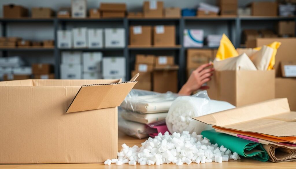 A well-lit, step-by-step guide to properly package items for shipping. Prominent in the foreground, a sturdy cardboard box with neatly folded edges, ready to be filled. Alongside it, an assortment of packing materials - bubble wrap, packing peanuts, and colorful tissue paper. In the middle ground, hands carefully placing the item(s) in the box, cushioning them with the materials. In the background, a clean, organized workspace with shelves of different sized boxes and shipping supplies. The overall scene conveys a sense of care and attention to detail, essential for ensuring safe and secure delivery.