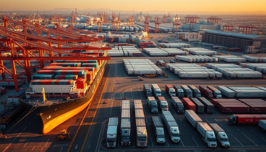 Freight shipping services, a sprawling logistics landscape captured in a vibrant cityscape. In the foreground, a massive cargo ship unloads its bounty, its hulking frame casting long shadows across the bustling docks. Towering cranes and forklifts scurry about, orchestrating the seamless transfer of goods. In the middle ground, a fleet of semi-trucks wait their turn, their trailers emblazoned with the logos of prominent freight carriers. Stretching into the distance, a maze of warehouses and storage facilities, their facades adorned with signage highlighting the array of shipping options available. The scene is bathed in the warm glow of a setting sun, evoking a sense of efficiency and industry. Lens: wide-angle, Lighting: golden hour, Mood: efficient, productive.