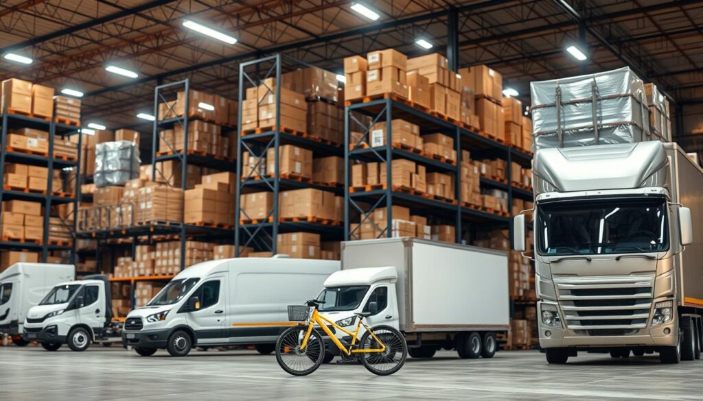 A brightly lit warehouse interior, shelves stacked high with boxed goods, conveyor belts whirring as packages are loaded onto different delivery trucks. In the foreground, an array of shipping methods are displayed - from a sleek electric van to a classic cargo bike, and an imposing semi-truck. The scene is captured with a wide-angle lens, emphasizing the scale and efficiency of modern shipping operations. Warm, diffused lighting casts a professional, industrious atmosphere, while the varied vehicles suggest the range of options available for delivering goods. This comprehensive overview of shipping methods will visually inform the reader's understanding of the difference between shipping and delivery.