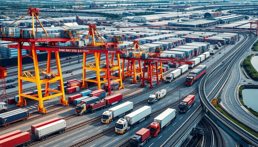 A bustling intermodal freight terminal, with towering cranes efficiently loading and unloading cargo containers from trains, trucks, and ships. In the foreground, a fleet of intermodal transport vehicles seamlessly navigating the terminal, transferring containers between modes. The background features a sprawling network of railway tracks, highways, and waterways, showcasing the interconnected nature of modern intermodal transportation. Bright, diffused lighting illuminates the scene, creating a sense of efficiency and productivity. The overall composition emphasizes the integration and coordination of various transportation modes, delivering a comprehensive intermodal transportation solution.