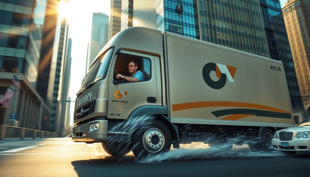 A delivery truck speeding down a city street, its tires kicking up splashes of water against a backdrop of towering skyscrapers. The driver's face is determined, their hands gripping the steering wheel with urgency. The truck's exterior is sleek and modern, emblazoned with the logo of a prominent delivery service. Beams of sunlight filter through the gaps between the buildings, casting a warm glow over the scene. The atmosphere is one of efficiency and haste, conveying the sense of a critical shipment being rushed to its destination.