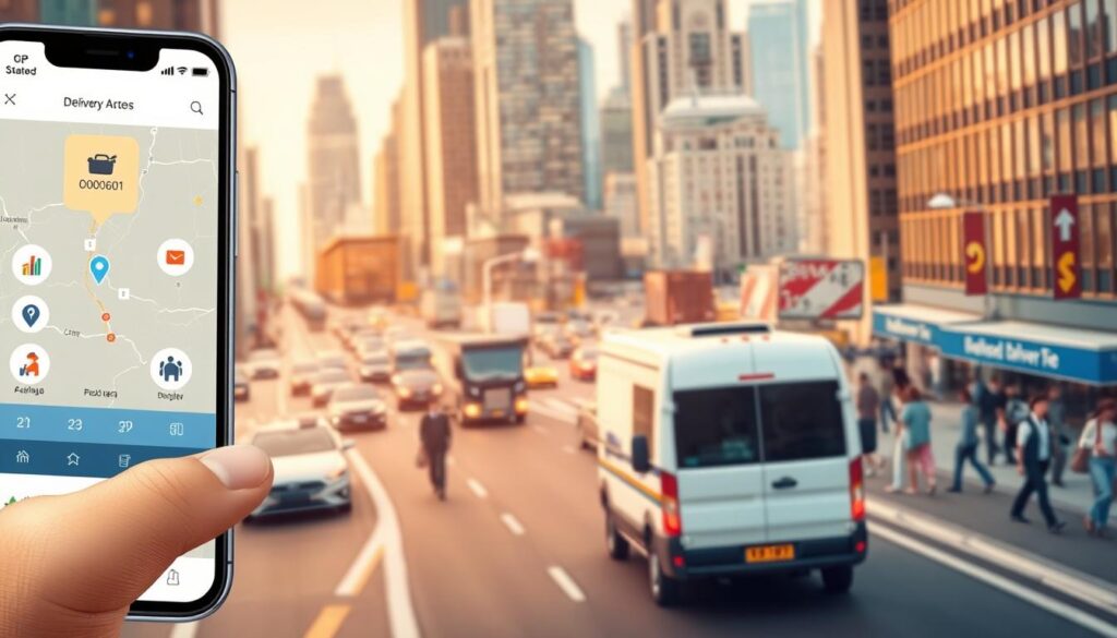 A detailed illustration of the delivery tracking process. In the foreground, a smartphone screen displays a package's delivery status, with icons and information about its location and estimated arrival time. In the middle ground, a delivery van navigates city streets, its GPS tracking system visible. In the background, a bustling urban landscape with skyscrapers, traffic, and pedestrians, all conveying the sense of a well-orchestrated logistical operation. The scene is bathed in warm, diffused lighting, creating a sense of efficiency and reliability. The overall composition suggests the seamless integration of technology and real-world logistics that defines modern package delivery.
