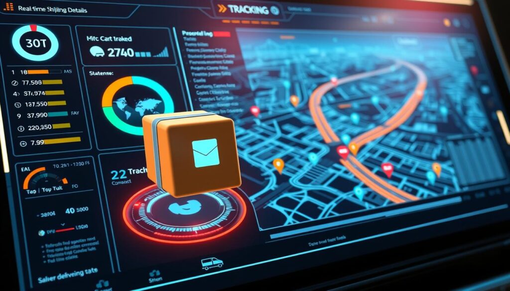 A high-tech dashboard displaying real-time shipping details, with a sleek and modern interface. The foreground features a 3D animated parcel icon pulsing with live tracking data, surrounded by intuitive controls and status indicators. The middle ground showcases a detailed map, with animated delivery routes and vehicle icons navigating through a futuristic cityscape. The background is bathed in a cool, neon-tinged lighting, creating a dynamic and immersive atmosphere that evokes the speed and efficiency of modern logistics.