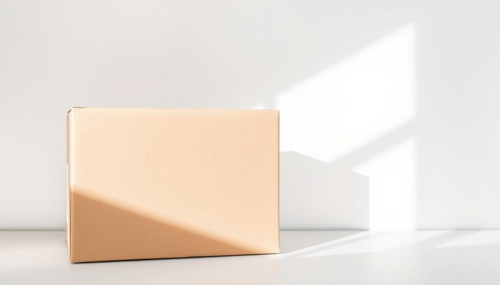 A standard shipping box against a plain white background, with natural lighting casting soft shadows. The box is plain brown cardboard, with minimal branding or markings, conveying a utilitarian and practical aesthetic. The box is positioned at a slightly oblique angle, highlighting its rectangular form and clean lines. The lighting emphasizes the texture of the cardboard, creating a sense of tactility and durability. The overall scene has a clean, minimalist feel, allowing the simple yet essential nature of the standard shipping box to take center stage.