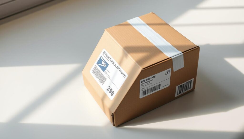 A well-lit, high-angle shot of a sturdy, brown cardboard flat rate box sitting on a clean, white surface. The box has clear, legible USPS labeling and branding, showcasing its official flat rate design. The lighting casts gentle shadows, highlighting the box's texture and edges. The background is subtly blurred, keeping the focus on the packaging. The overall scene conveys a sense of simplicity, practicality, and reliability - the essential qualities of a flat rate shipping solution.